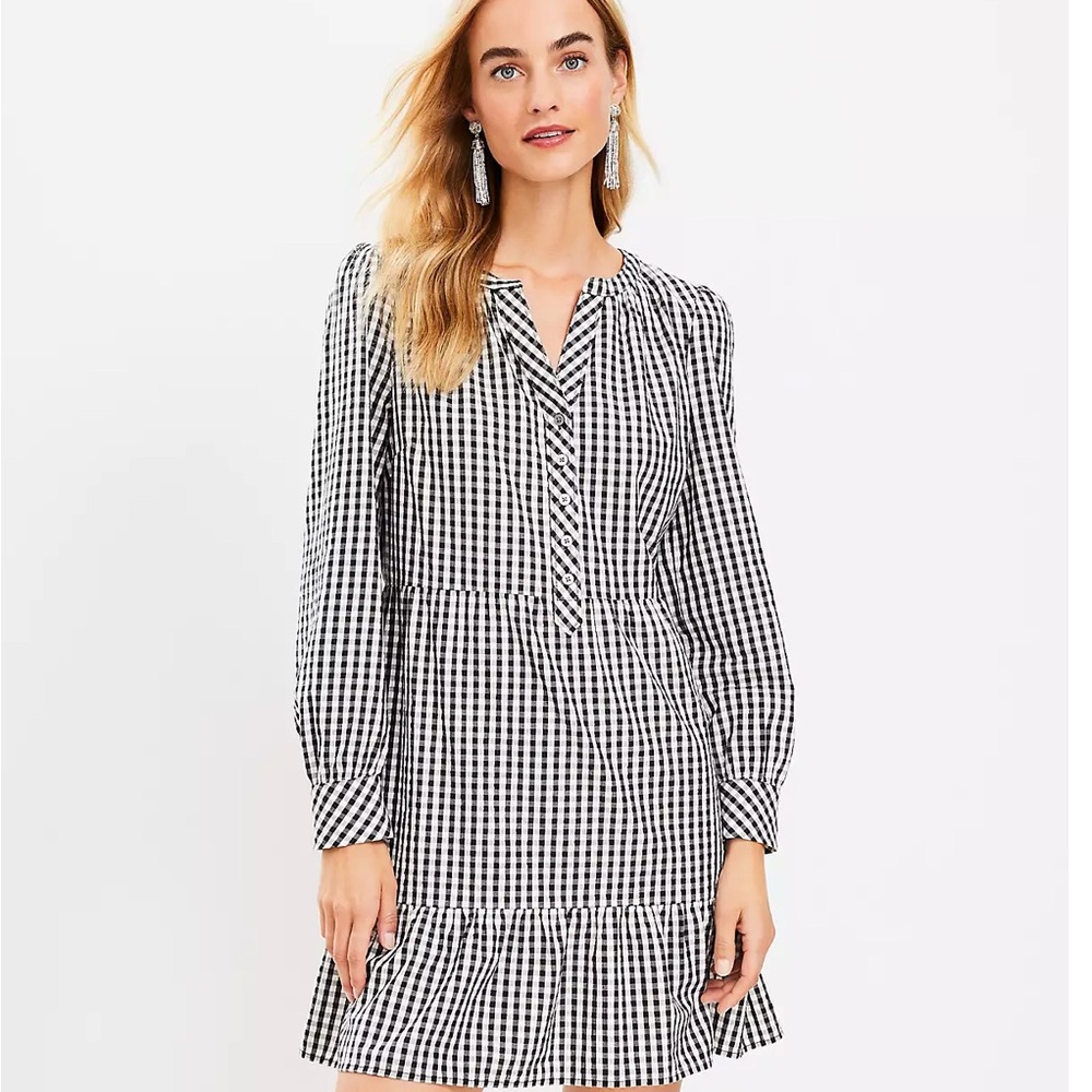 LOFT Gingham Button-Up flounce dress.